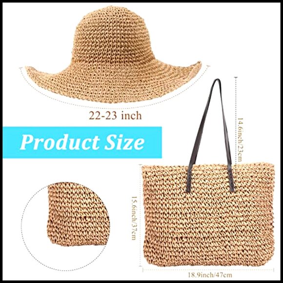 Straw Tote and Sun Hat Set Woven Beach Bag Foldable Hat Vacation Travel main image 6